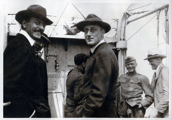 LB and FDR aboard a destroyer, watching a sail boat race in Long Island Sound, about 1914. This photograph, discovered among the family papers of Pam and Elmer Grossman, was previously unknown; a copy will be deposited with the FDR Library.