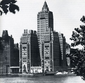 The River House as originally built, before the ironically named FDR Drive cut off its river access. The Brown flat is th balconied one to the left, fourth floor.