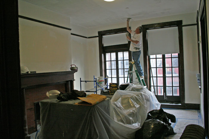 The main study, getting a new ceiling coat. Painting begins next week, with paper scheduled for the week after.